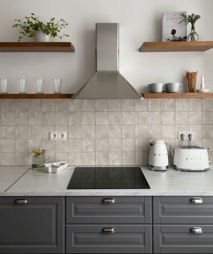 Modern kitchen with stainless range hood, gray cabinets, and tiled backsplash; open shelves hold plants, glassware, and small appliances.