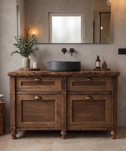 Rustic wooden bathroom vanity with a black marble sink, wall-mounted taps, and a large mirror above.