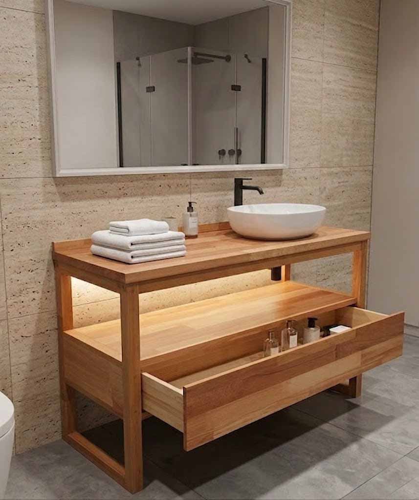 banyo-dolap-canak Wooden bathroom vanity with a white vessel sink, black faucet, and folded towels on top; open lower drawer with toiletries visible.