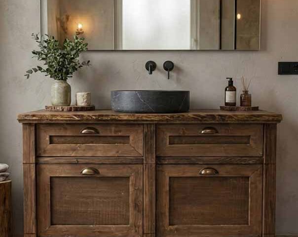 Rustic wooden bathroom vanity with a dark stone vessel sink and a large rectangular mirror above.