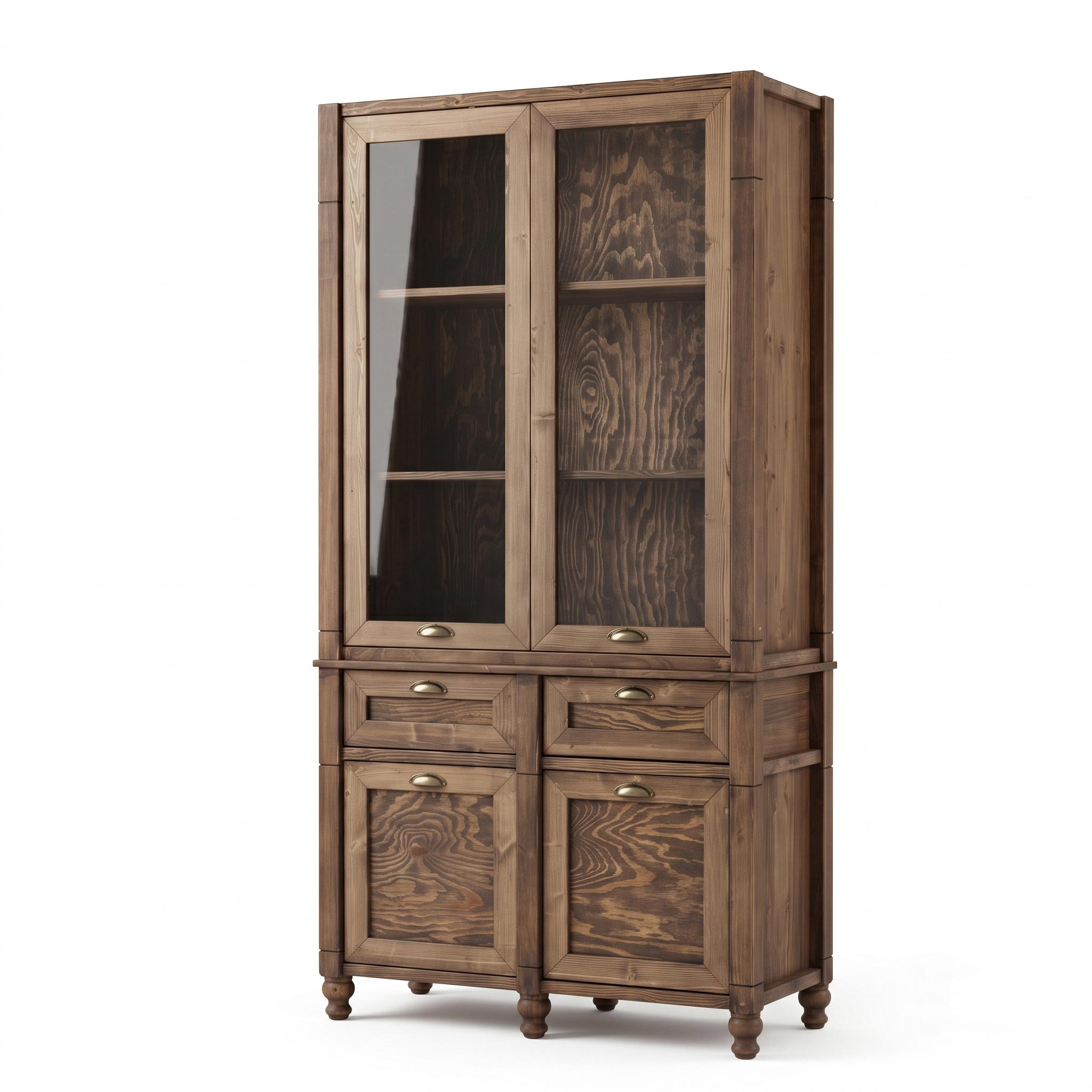 Rustik-Bufe-Dolap-Ahsap-Klasik Tall wooden display cabinet with glass doors and three drawers on turned legs, showing interior shelves behind glass panels.