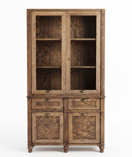 Tall wooden cabinet with glass-front doors and multiple shelves, standing on rounded legs.