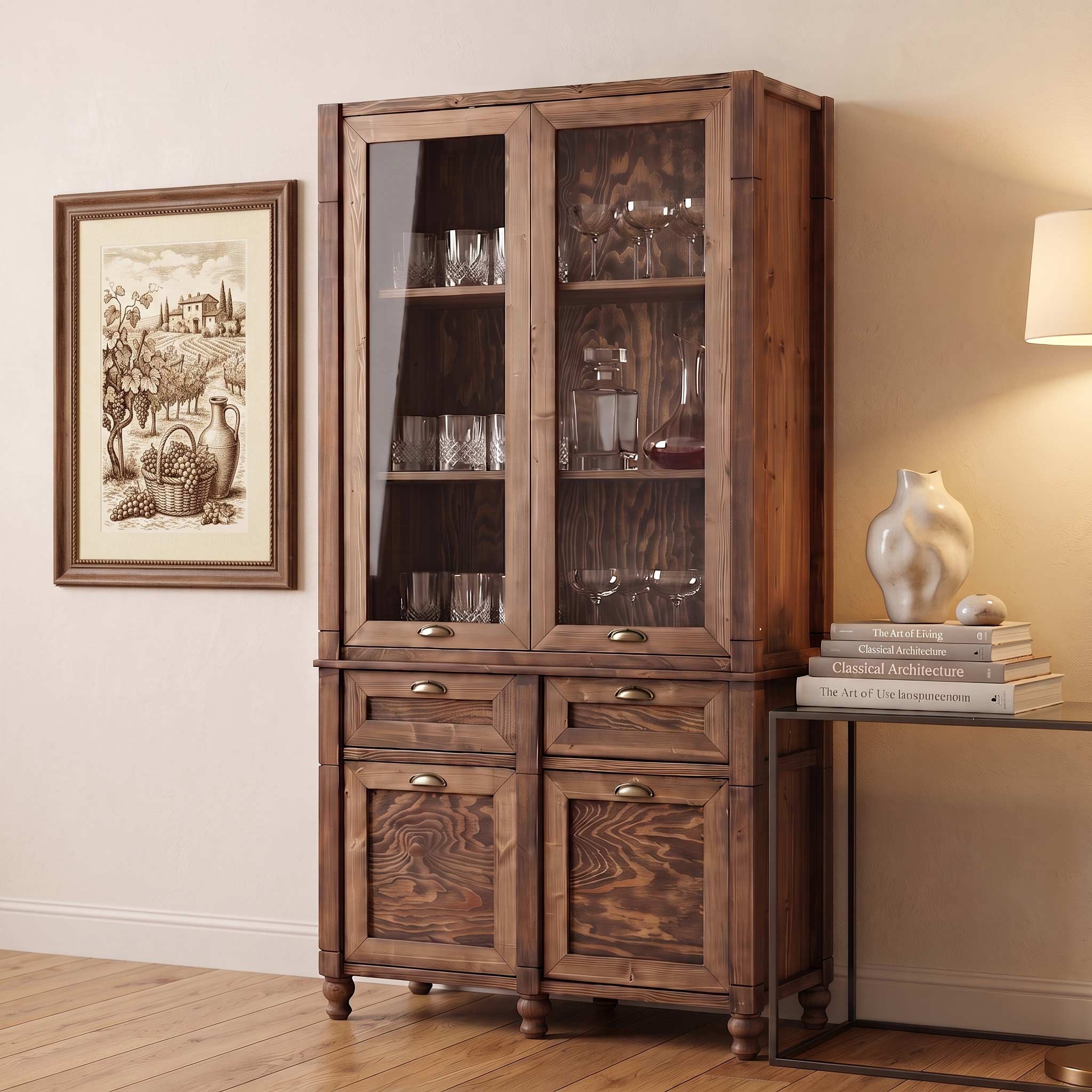 Rustik-Sergi-Bufe-Saraplık-Bar-Dolap-Ahsap-Cam Tall wooden display cabinet with glass doors showing crystal glassware, next to a framed country print on the wall.