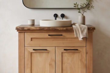 Wooden bathroom vanity with a cream round sink, black faucet, and a beige towel on the counter, mirror above.