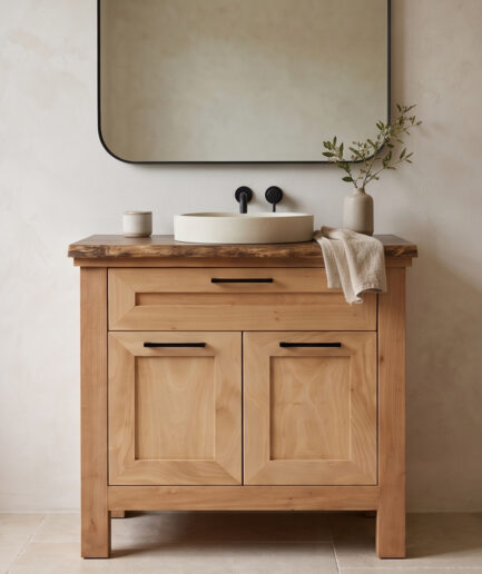 Wooden bathroom vanity with a cream round sink, black faucet, and a beige towel on the counter, mirror above.