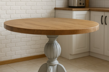 Round wooden kitchen table with a carved pedestal base in a light gray finish, set in a white-tiled kitchen area.