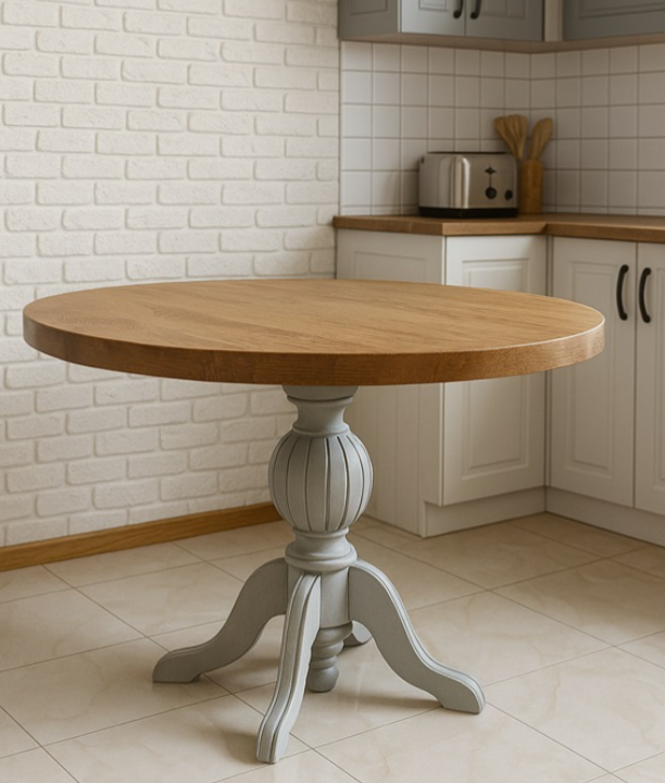 Round wooden kitchen table with a carved pedestal base in a light gray finish, set in a white-tiled kitchen area.