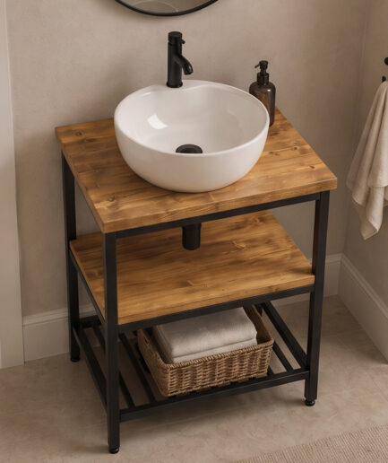 White round vessel sink on a wooden vanity with black faucet and soap dispenser; below is a woven basket with towels on the lower shelf.