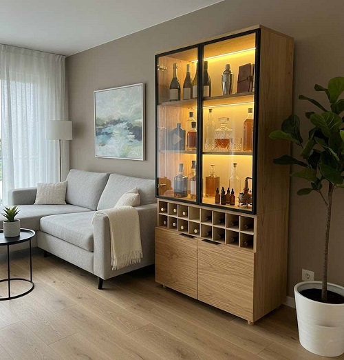 Living room with a tall wooden bottle cabinet lit from inside, beside a gray sofa and a potted plant.