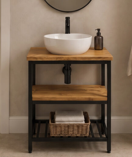 Modern bathroom vanity with a white vessel sink, black faucet, and a brown dispenser on a wooden countertop.