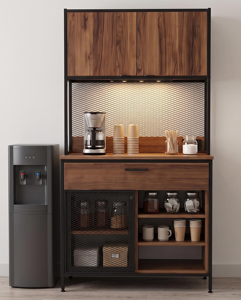 Kahve-istasyonu-dolabi Coffee station built into a wooden cabinet with a drip coffee maker, cups, and jars on the counter under a metal grid backsplash, plus a water dispenser to the left.