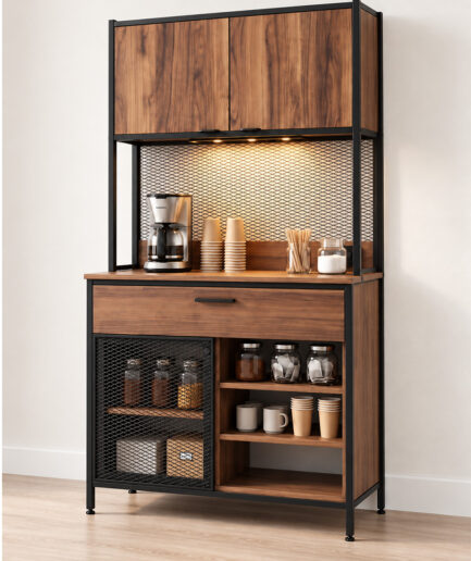 Industrial-style coffee bar cabinet with wooden surfaces, metal frame, and built-in lighting.