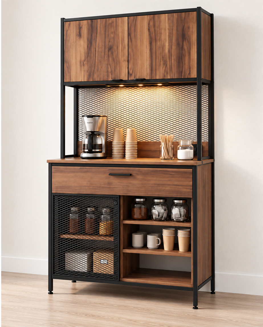ahsap-kahve-kosesi-dolabi Industrial-style coffee bar cabinet with wooden surfaces, metal frame, and built-in lighting.