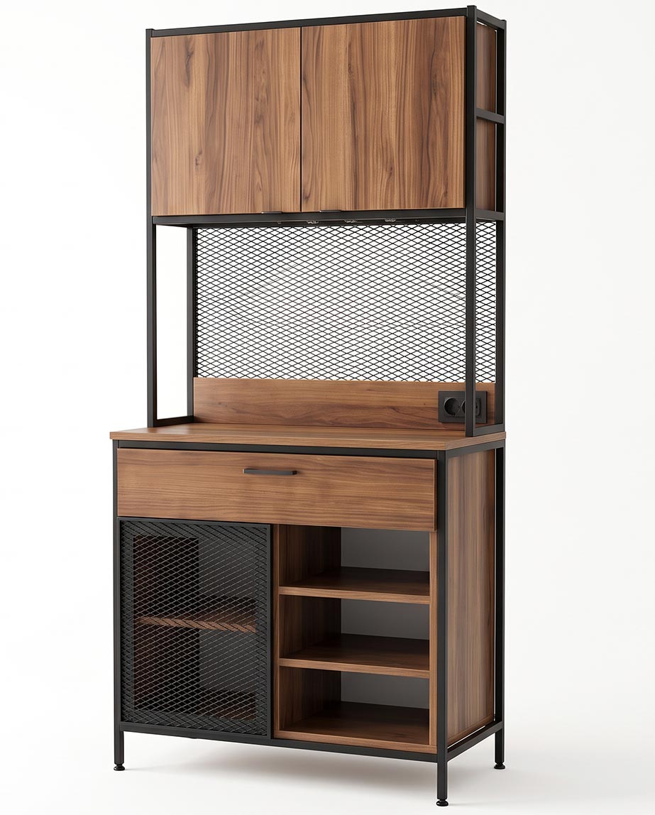 cay-kahve-dolabi Industrial-style wood and metal kitchen cabinet with two upper doors and a metal mesh back panel; lower section has a drawer, glass-door wine storage, and open shelves with a power outlet on the back panel.