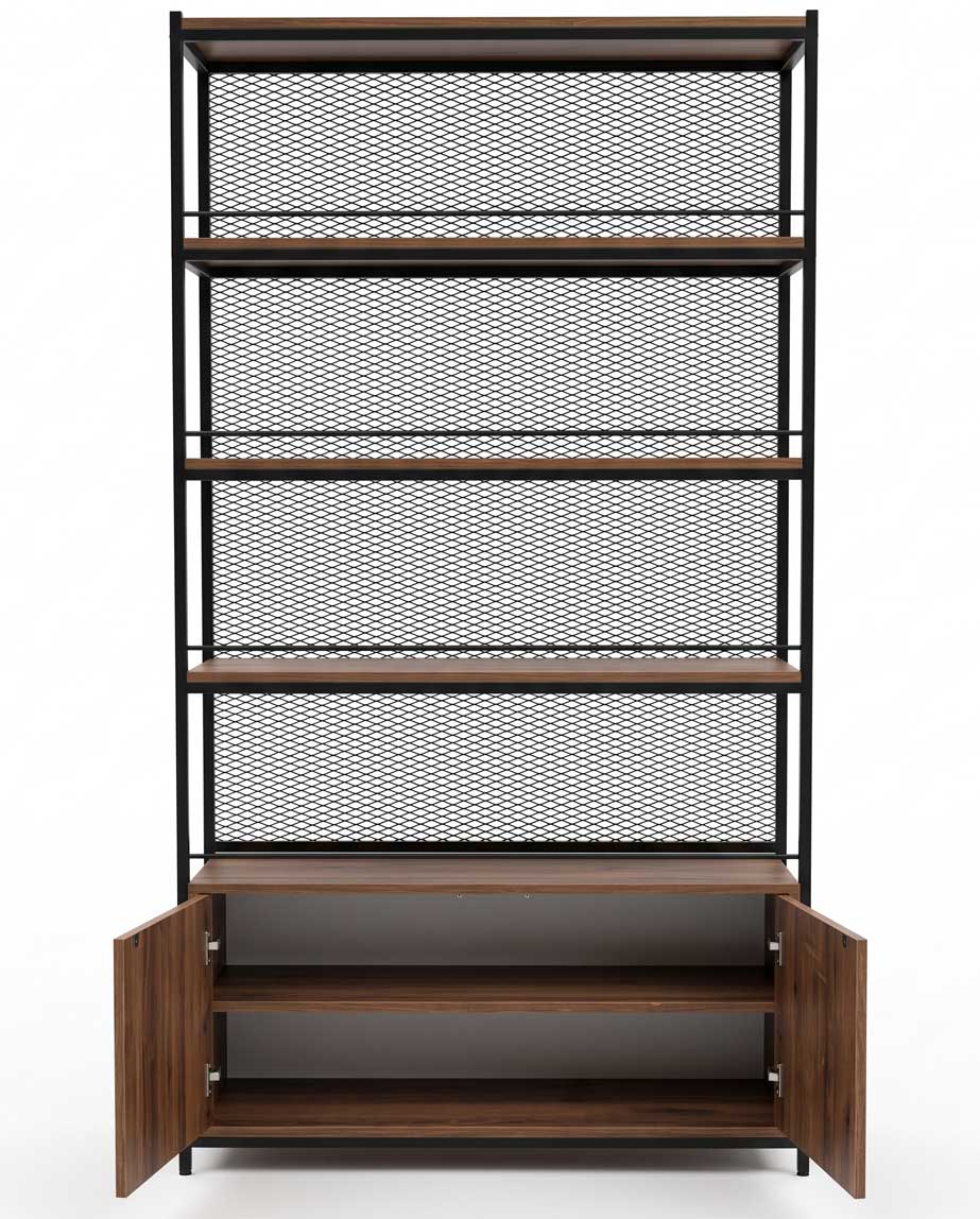 cok-amacli-dolap Industrial-style tall storage shelf with a black metal frame, five wooden shelves, diamond-mesh panels, and a bottom double-door cabinet.