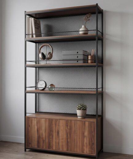 Industrial bookshelf with four wooden shelves and black metal frame against a light wall, holding books, headphones, binders, clock, plant pot, and small decor items.