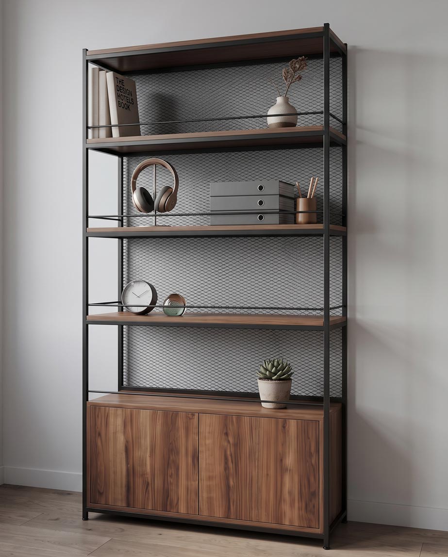 ev-gergileme-unitesi Industrial bookshelf with four wooden shelves and black metal frame against a light wall, holding books, headphones, binders, clock, plant pot, and small decor items.