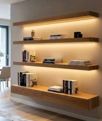 Living room wall with three suspended wooden shelves lit from underneath, displaying books and small decor items.