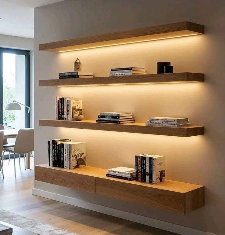 ledli-raf Living room wall with three suspended wooden shelves lit from underneath, displaying books and small decor items.