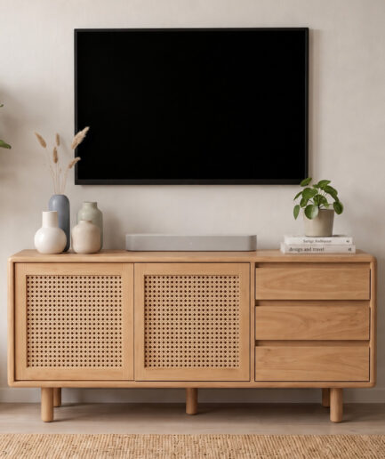 Flat-screen TV mounted above a natural wood sideboard with woven cane doors; decor including vases, a soundbar, a plant, and books on top of the cabinet.