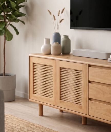Wooden sideboard with cane-panel doors, topped by ceramic vases, in a living room.