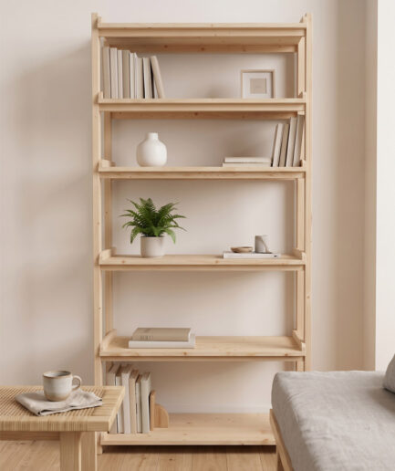 Light wood bookshelf with five shelves in a cozy room, holding books, a small plant, and minimalist decor.