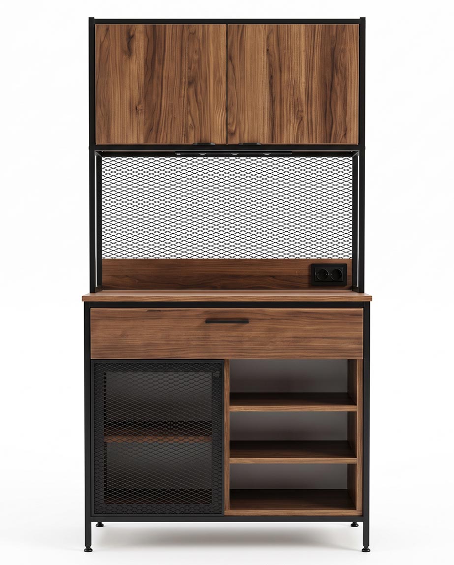 ofis-kahve-kosesi Industrial-style wooden storage cabinet with metal frame, upper cabinets, mesh panel, and lower shelves and drawer