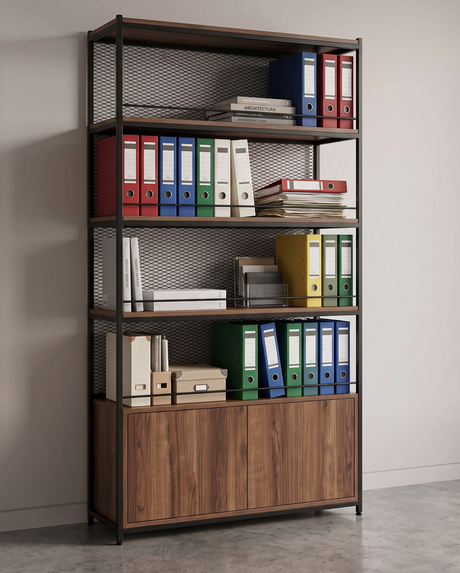 ofis-raf-sistemi Tall industrial bookshelf with a metal frame, wooden panels, and colorful binders arranged by color on multiple shelves.