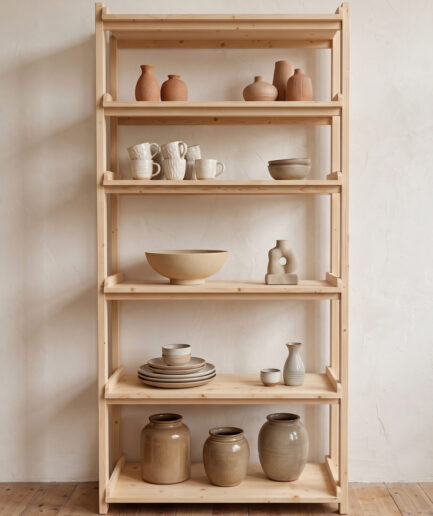 Wooden open-shelf unit filled with neutral ceramic pottery and bowls arranged on five levels against a light wall and wooden floor.