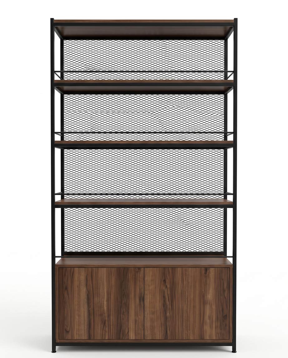 urun-sergileme-rafi Industrial black metal-framed shelving unit with wooden shelves, a mesh back panel, and a wooden cabinet at the base for storage